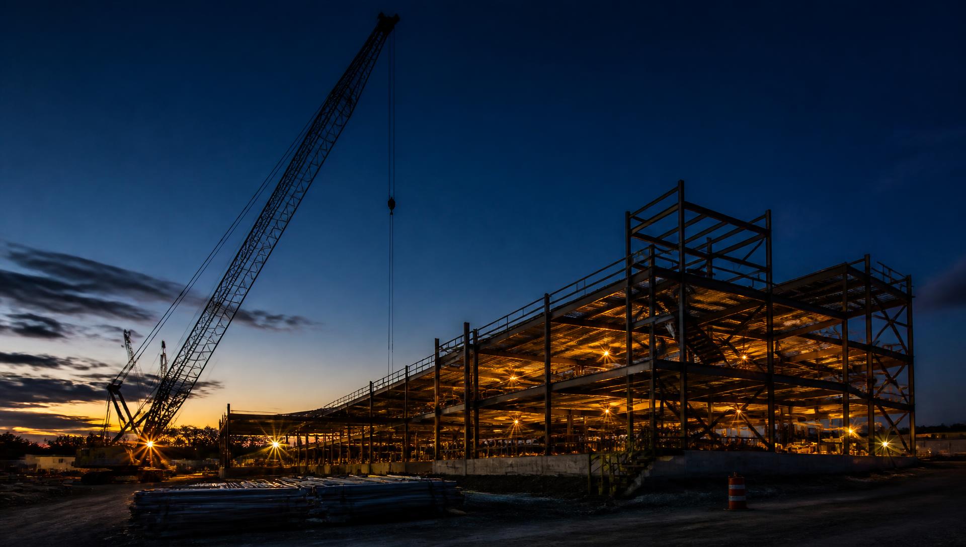 Steel-frame commercial construction project at dusk